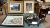 NEEDLEPOINT PICTURE, METAL FRAMED CONVEX MIRROR, MOUNTAIN SCENE PICTURE & VINTAGE &ldquo;ONCE UPON A TIME&rdquo; PICTURE