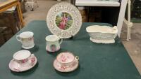 PARAGON & COLCLOUGH TEA CUPS & SAUCERS, COLLECTIBLE PLATE, SMALL PLANTER,