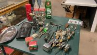 MISC COLLECTIBLE ITEMS - WOOD MASK, ICE CUBE CRUSHER, COKE BOTTLES, SILVERPLATE TRAY & GOBLET,