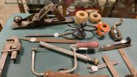 WOOD CRATE W/ VINTAGE TRAPS, BAILEY PLANE, PIPE WRENCH, CHISELS, FILES, PUNCHES ETC