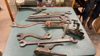 OLD TOOLS - LARGE WRENCHES, SAW VICE, RIVETER, IN WOOD BOX