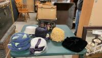 STETSON HAT BOX, VELVET MAKE-UP BAG W/ LEATHER INTERIOR, AND VINTAGE HATS, TESTURED WOVEN BAG