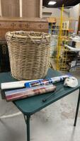 1988 CALGARY OLYMPIC POSTER, OLD 1968 CALENDAR, MASK ON HANDLE IN A NICE WICKER BASKET