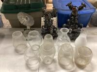 TOTE W/ ANTIQUE CEILING LIGHTS, GLASSWARES, & OIL LAMP HOLDER