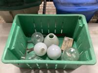 CRATE W/ ANTIQUE GLASS FISH FLOAT, FIRST AID KIT & HORSE SHOES