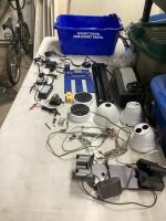 CRATE W/ CAMERAS, ASSORTMENT CHARGERS/CABLES, APC BATTERY + SURGE, BLACK LIGHT & MISCELLANEOUS