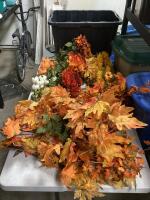 TOTE W/ ASSORTMENT OF FLOWERS, LEAFS & PUMPKIN DECORATION