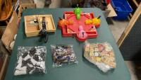 MARBLE CHESS PIECES, WOOD BLOCKS, SMALL BAG OF LEGO, HUNGRY HIPPO GAME, SMALL MICROSCOPE IN WOOD BOX