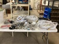 TOTE W/ BONSAI WIRES, CORDED LIGHT, MISCELLANEOUS CABLES, SECURITY CAMERAS, SCOTCH, PIPES, DOORBELL CAMERA