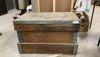 ANTIQUE WOOD CARPENTERS TRUNK - METAL TOP & SIDES, HAS KEY