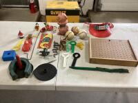 BOX OF ANTIQUE TOYS W/ BASEBALLS, SOLAR SPORT RADIO, PIGGY BANK, WATER GUN, HORSE SHOE GAME & MISCELLANEOUS