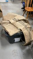 GOOD LIDDED TOTE W/ LOTS OF BURLAP SACKS