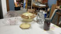 SOUP TUREEN W/ LADLE, PINK. PLATTER, OLD JAR W/ POPCORN, FEUERHAND LANTERN