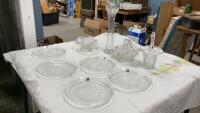 (2) CRYSTAL BASKET, (5) HOYA CRYSTAL PLATES, 3-LEGGED FLUTED CANDY DISH, VASE