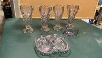 VINTAGE PURPLE VASES, ART DECO STYLE SUGAR BOWL, DIVIDED CANDY DISH W/ HANDLE