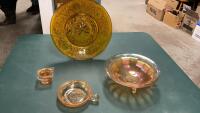 CARNIVAL GLASS DISH & 3-FOOTED BOWL, SMALL CANDLE HOLDER, AMBER PLATTER