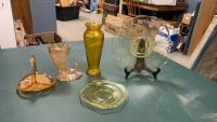 YELLOW DEPRESSION GLASS PLATE & DISH, LIGHT CORNUCOPIA & VASE
