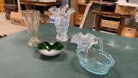 MISC GLASSWARE -WOVEN STYLE BASKET W/ LIGHT BLUE TINGE, LIGHT AMBER COLOR VASE, SPECKLED FLUTED VASE, LIGHT BLUE FLUTED CANDY DISH, GREEN GLASS BOWL