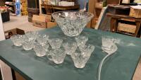 GLASS PUNCH BOWL W/ CUPS, LADLE - NO HANGERS