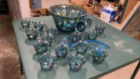 CARNIVAL GLASS BOWL W/ CUPS, LADLE AND HANGARS - IRREDESCENT BLUE