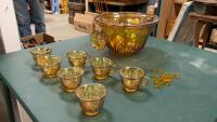 CARNIVAL GLASS PUNCH BOWL W/ CUPS - IRREDESCENT GOLD/PURPLE