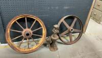 (2) ANTIQUE STEEL WHEELS & A CAST JACK