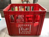 THE POP SHOPPER CRATE W/ (5) THE POP SHOPPER GLASS BOTTLES & (1) CANADA DRY GINGER ALE GLASS BOTTLE