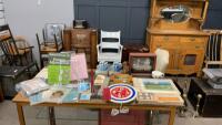VINTAGE PLASTER BOOK ENDS, CLOCK, PHOTO ALBUM RAVIOLI MAKER, LONG BRASS LIGHTER, ETC