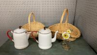 (2) WICKER BASKETS, (2) ENAMEL COFFEE POTS, METAL/PORCELAIN FLOWERS