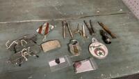 SHRINERS LICENSE PLATE TOPPER, GLASS CUTTER, SQUARE NAILS, OLD LOCK (NO KEY), BELT BUCKLES, ROCKS,