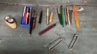 COLLECTION OF FOUNTAIN PENS, LETTER OPENER, SAFETY PINS, SMALL HORN TRINKET BOX