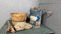 VINTAGE PEERLESS WOOD ICE CREAM MAKER, APPLE BASKET, DRIFT WOOD