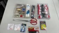 PLASTIC STORAGE BOX W/ ASSORTMENT OF SPOONS & CRANKS, BOBBER LILGHTS, BAG OF ZOOM WORMS, HOOK REMOVER
