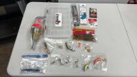 MAMMOTH SLIDE FLOAT, ZOOM WORMS, MUSTAD STEEL HOOKS, ASSORTMET OF CRANK & SPINNER BAITS W/ PLASTIC STORAGE B OX