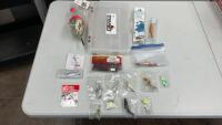 MAMMOTH SLIDE FLOAT, ZOOM WORMS, MUSTAD STEEL HOOKS, ASSORTMET OF CRANK & SPINNER BAITS W/ PLASTIC STORAGE B OX