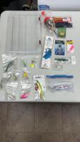 MAMMOTH SLIDE FLOAT, ZOOM WORMS, MUSTAD STEEL HOOKS, ASSORTMET OF CRANK & SPINNER BAITS W/ PLASTIC STORAGE B OX