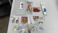 MAMMOTH SLIDE FLOAT, ZOOM WORMS, MUSTAD STEEL HOOKS, ASSORTMET OF CRANK & SPINNER BAITS W/ PLASTIC STORAGE B OX