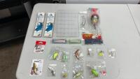 MAMMOTH SLIDE FLOAT, ZOOM WORMS, MUSTAD STEEL HOOKS, ASSORTMET OF CRANK & SPINNER BAITS W/ PLASTIC STORAGE B OX