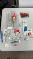 MAMMOTH SLIDE FLOAT, ZOOM WORMS, MUSTAD STEEL HOOKS, ASSORTMET OF CRANK & SPINNER BAITS W/ PLASTIC STORAGE BOX