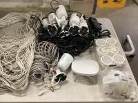 TOTE OF MISCELLANEOUS ELETRONICS W/ SECURITY CAMERA, ETHERNET CABLES, CHARGERS, CEILING LIGHTS & CHARGERS