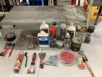 SHOP BOX W/ PUTTY KNIVES, PAINT BRUSHES, ASSORTMENT OF PAINTS, OIL FINISH, SAND PAPER DISKS, DUCT TAPE & MISCELLANEOUS