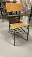 OLD SCHOOL DESK CHAIR, VINTAGE VICTROLA RADIO, SMALL LIGHT