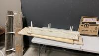 (9) PIECES OF WALL SHELVING W/ PLASTIC BRACKETS (ONLY 7 HAVE BRACKETS), AND MANTLE