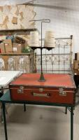 ANTIQUE CARDBOARD SUITCASE & DUAL CAST STRING HOLDER