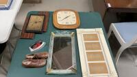 MIRRORED TRAY, LEATHER CHILDS SHOES, TOY IRON, (2) WALL CLOCKS, PICTURE FRAME