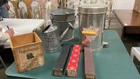 GSW CREAMER PAIL, GALVINZED WATERING CAN, PROTECTOGRAPH BOX, (3) PLAYER PIANO ROLLS, (2) GALVANZIED PAILS
