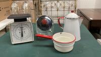 COLLECTION OF ENAMEL WARE, KITCHEN QUEEN SCALE, AND CANDY JAR
