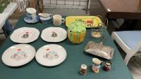 MISC VINTAGE COLLECTIBLES - METAL TRAY, &ldquo;CORN&rdquo; TEAPOT, RIDGEWAY TEA CUPS & SAUCERS, PRINCESS DI & PRINCE CHARLES MUG & PLATES,