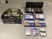 TEXAS HOLD'EM POKER SET, (5) CASINO PLAYING CARDS & POKER CHIPS