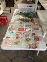 TOTE W/ ASSORTMENT OF ANTIQUE CARDS & PLASTIC DECORATIONS (FLOWERS, PLANTS, PUMPKINS)